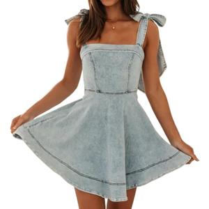 Women's Summer Casual Cute Sleeveless Denim Dress Trendy Stretch Slim Sundresses Distressed Mini Jean Dress (Light Blue), S