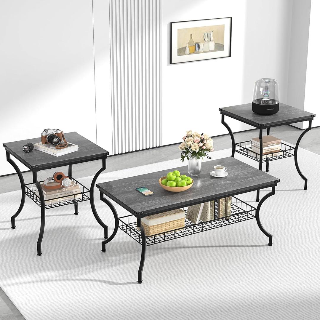 VECELO 3 Pieces Living Room Table Sets, Coffee and End Tables with Open Storage Shelves for Apartment, Home Office, Small Space, Easy Assembly, Dark Grey