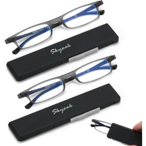 2 Pack Ultra thin Lightweight Folding Reading Glasses Women Men TR90 Blue Light Blocking Anti UV/Eyestrain Foldable Compact Computer Readers Portable Unique Stretchable Slim Flat case Gunmetal +2.5
