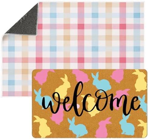 Tinideya 2 Pcs Colorful Bunny Welcome Doormat 23x35 in Layered Buffalo Plaid Carpet Easter Non Slip Rabbit Bathroom Coir Mat for Holiday Entrance Porch Indoor Outside Home Decor Gift Supplies