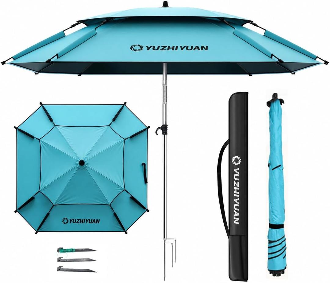 Patio Umbrella with Exclusive Black Coating, 7.2ft/7.8ft Heavy-Duty Double-Layer Nylon Canopy, Adjustable Tilt Sun Shade Outdoor Table Umbrella, UV Protection & Carry Bag for Beach, Fishing, Backyard