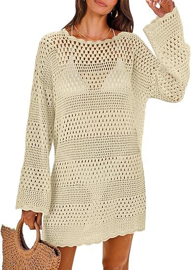 Women Swimsuit Crochet Swim Cover Up 2026 Summer Bathing Suit Swimwear Mesh Knit Beach Dress Vacation Outfits, Beige M