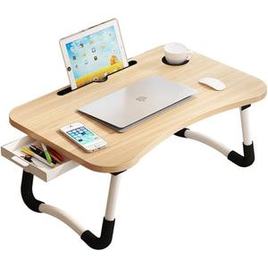 Lap Desk with Storage Drawer, Holders for Cup and Tablet, Laptop Bed Tray Table with Foldable Legs, Laptop Bed Stand, Portable Standing Table for Sofa Couch Floor (23", Walnut)
