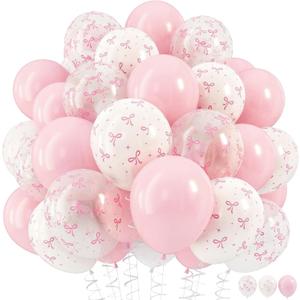 HILAVO Pink Bow Balloons, 12 Inch Pastel Light Pink Transparent White Bow Print Coquette Balloon for Girls Women Birthday Bachelorette Party Bridal Baby Shower Wedding Anniversary Decorations Supplies