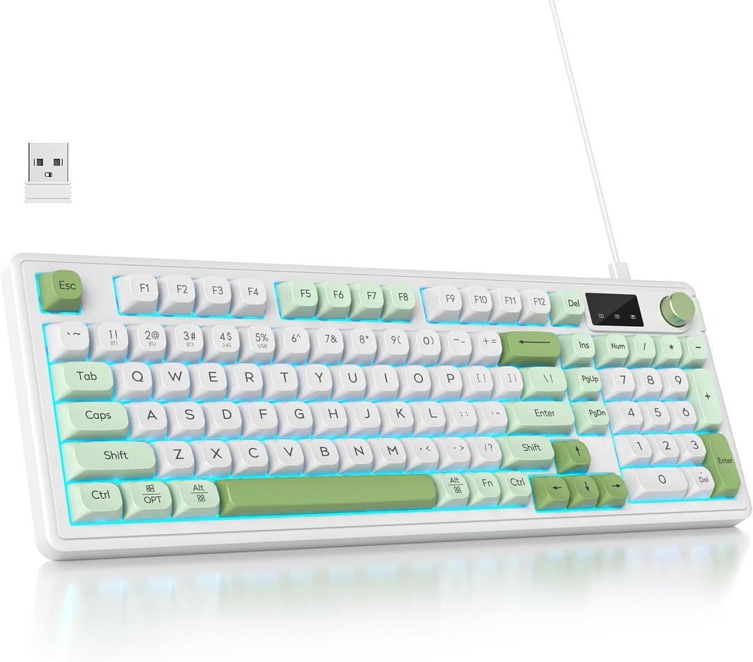 Owpkeenthy 96% Wireless Green Keyboard with Knob, 98 Keys Silent Gasket Mouted Mechanical Feeling Membrane Gaming Keyboard 3-Mode Wired/Bluetooth 5.0/2.4G for Win/Mac(98 Green)