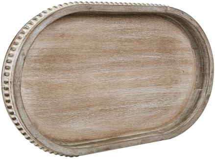 MAONAME Wood Serving Tray, Farmhouse Wooden Tray for Coffee Table, Oval Beaded Trays, Washed White Decorative Trays for Living Room, Kitchen, 15" X 9" X 1.2"
