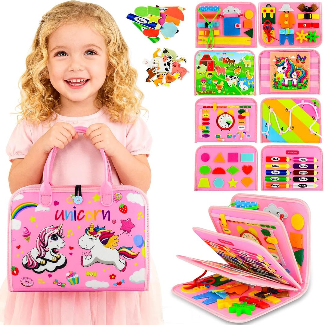 Toddler Busy Board Montessori Toys for Toddler 1-3 Year Old, Girl Birthday Gift, Preschool Educational Montessori Busy Book Board, Felt Sensory Activity Board Sorting Toy Age 2-4 with Fine Motor Skill (Pink)