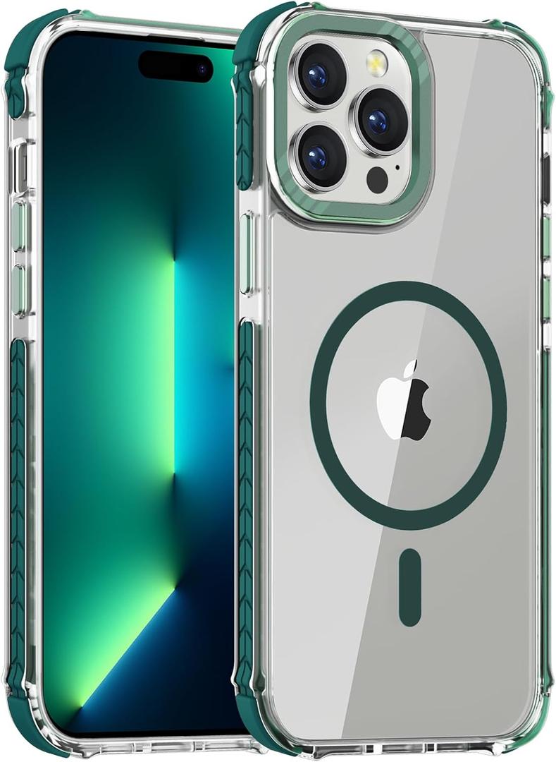 DEERLAMN Strong Magnetic Case for iPhone 15 Pro 6.1-Inch,[Compatible with Magsafe] Clear Slim Shockproof Protective Phone Cover for Women Men-Transparent+Green