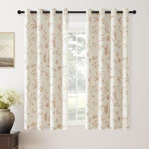 ChrisDowa Beige 100% Blackout Floral Curtains 63 Inches Long 2 Panels for Bedroom Living Room Brown Flower Patterned Room Darkening Thermal Insulated Soundproof Grommet Window Treatments Drapes,52X63