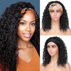 Aksice 14 Inch Headband Wigs for Black Women, Curly Synthetic Water Wave Headband Wigs, Glueless Wet and Wavy Wigs with Attached Headbands for Daily Use (14 Inch 1B)