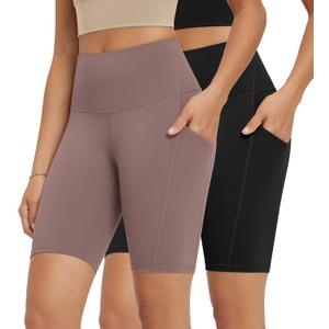 ODODOS 2-Pack High Waist Workout Shorts with Pockets for Women 6"/8" Inseam Tummy Control Gym Athletic Biker Shorts (S)