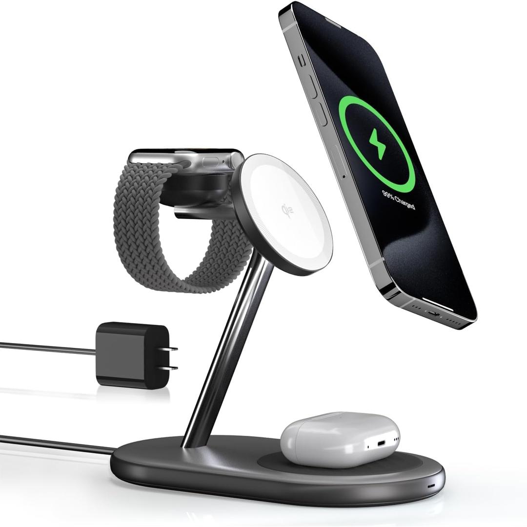 Qi2 3-in-1 Wireless Charging Station, 15W Fast Qi2 Certified Charger, Magnetic Charging Stand for iPhone16/15/14/13 Apple Watch S9 AirPods Multiple Devices with 30W Adapter Included