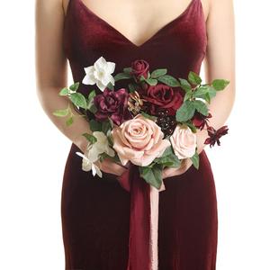 Ling's moment Burgundy Artificial Wedding Flower Bouquets for Bridesmaids Blush Floral Bouquet Mashala Bridal Bouquets for Bridesmaids with Ribbon Ceremony Anniversary Homecoming,7inch Diameter