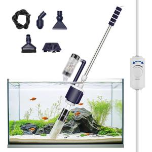 AQQA DC Fish Tank Cleaner, Electric Aquarium Water Changer with 6-in-1 Cleaning Heads & 3-Stage Filter Cup Stainless Steel Handle Gravel Vacuum for Fish & Turtle Tanks, Adjustable Flow 34W 600GPH