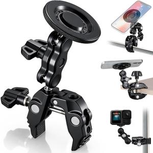Facmogu Magnetic Phone Holder for Mic Stand, All-Metal 360 Rotatable Magnet Phone Mount with Clamp, Clip Phones Mount for Microphone & Music Stands, Compatible with Magsafe & iPhone 17/16/15/14/13/12