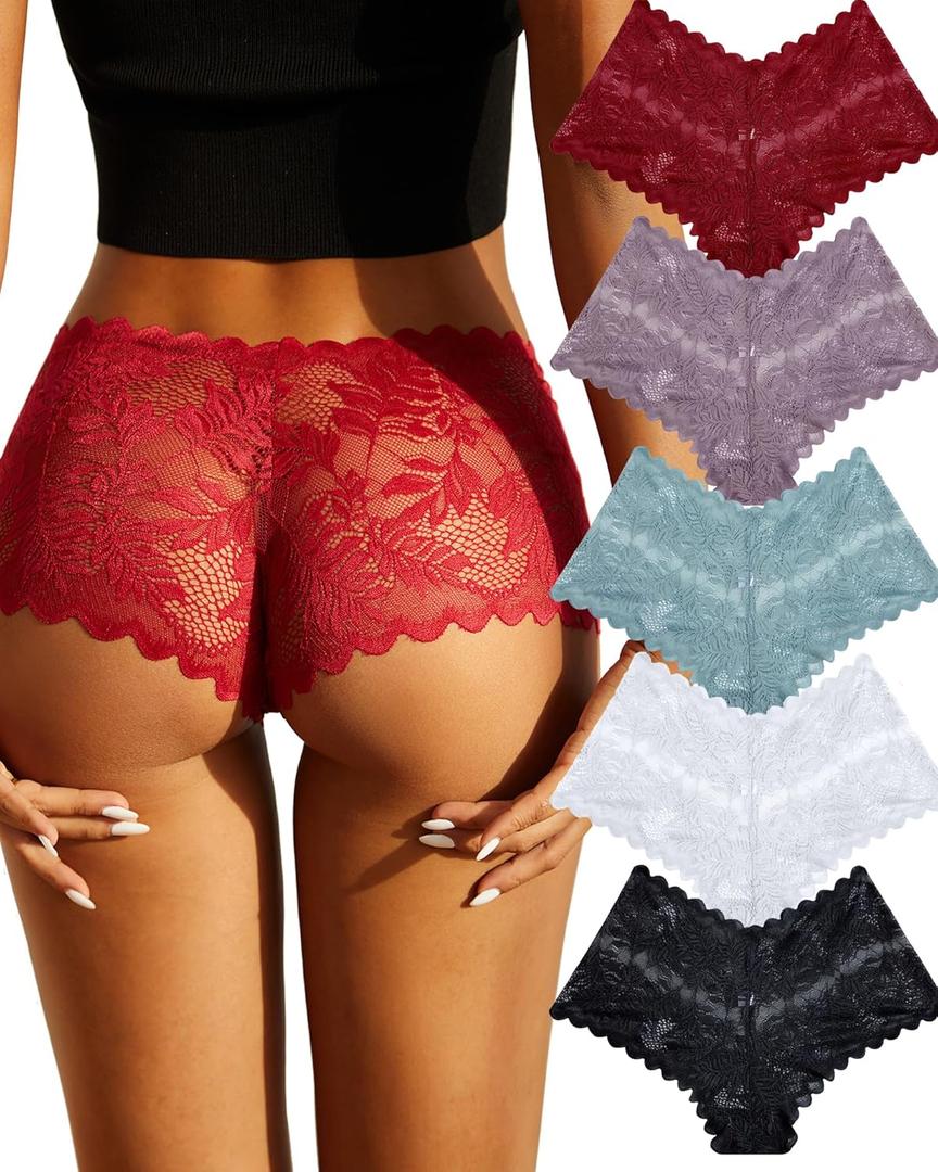 FINETOO 5 Pack Sexy Lingerie Panties for Women Pack V-Waist Lace Womens Underwear French Cut Boyshorts Panty (Medium)