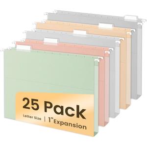 SUNEE Hanging File Folders Letter Size, Pastel Colors, 25 Count Letter Size File Folders with 1/5-cut Tabs, Heavy Duty 1 Inch Expansion, Stay Organized for Your Home and Office Bulk File