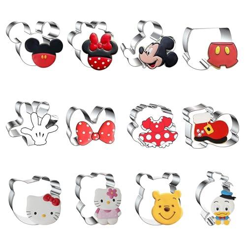 Mouse Kitty Winnie the Pooh Cookie Cutter Set Stainless Steel Sandwich Biscuit Fondant Cutters for Kids DIY Lunchbox Bento Box Fruit Cutters Cake Decoration, Pack of 12 (Cartoon Cookie Cutters Set)