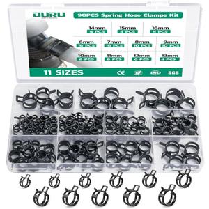 OURU 90PCS 6-16mm Spring Band Hose Clamps Assortment kit, Constant Tension Hose Clamps for Fuel Lines, Silicone Vacuum Hoses, Water Pipe, Low-Pressure Air Clips