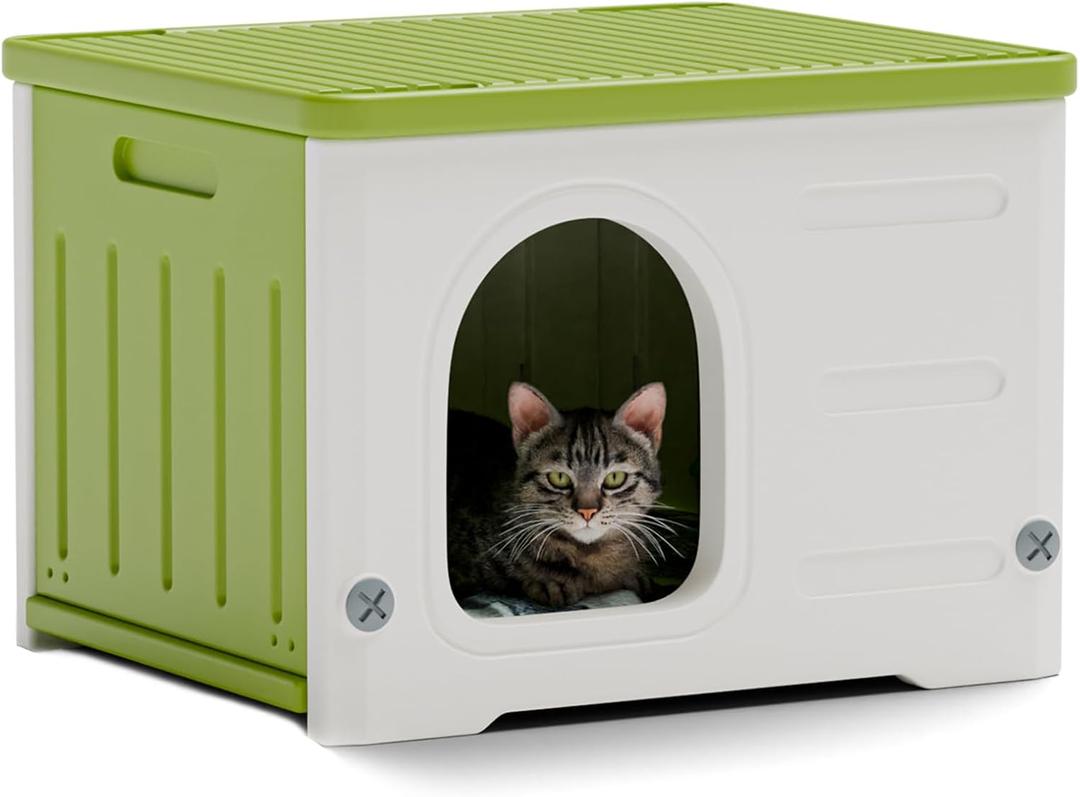Plastic Cat House for Outdoor Indoor Use, Stackable Feral Cat Shelter Indoor Cat House Weatherproof Waterproof Elevated (Green)