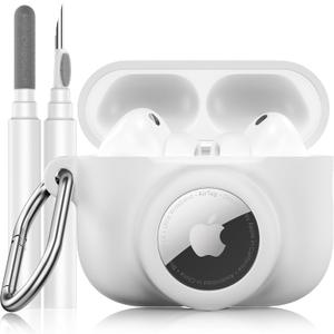 2 in 1 Silicone Case Compatible with AirPods Pro 3 and AirTag, Shockproof Protective Case Cover for AirPods Pro 3rd Generation 2025 with Cleaner Kit & Carabiner (White)