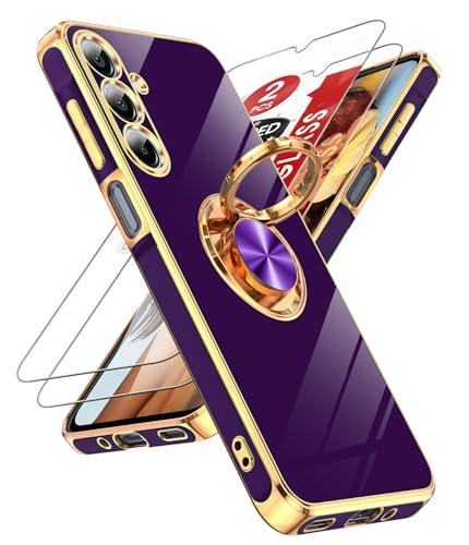 LeYi for Samsung Galaxy A16-5G Case: 2 Pack Tempered Glass Screen Protector and 360° Rotatable Ring Holder Magnetic Kickstand, Plating Rose Gold Edge para Case, Deep Purple