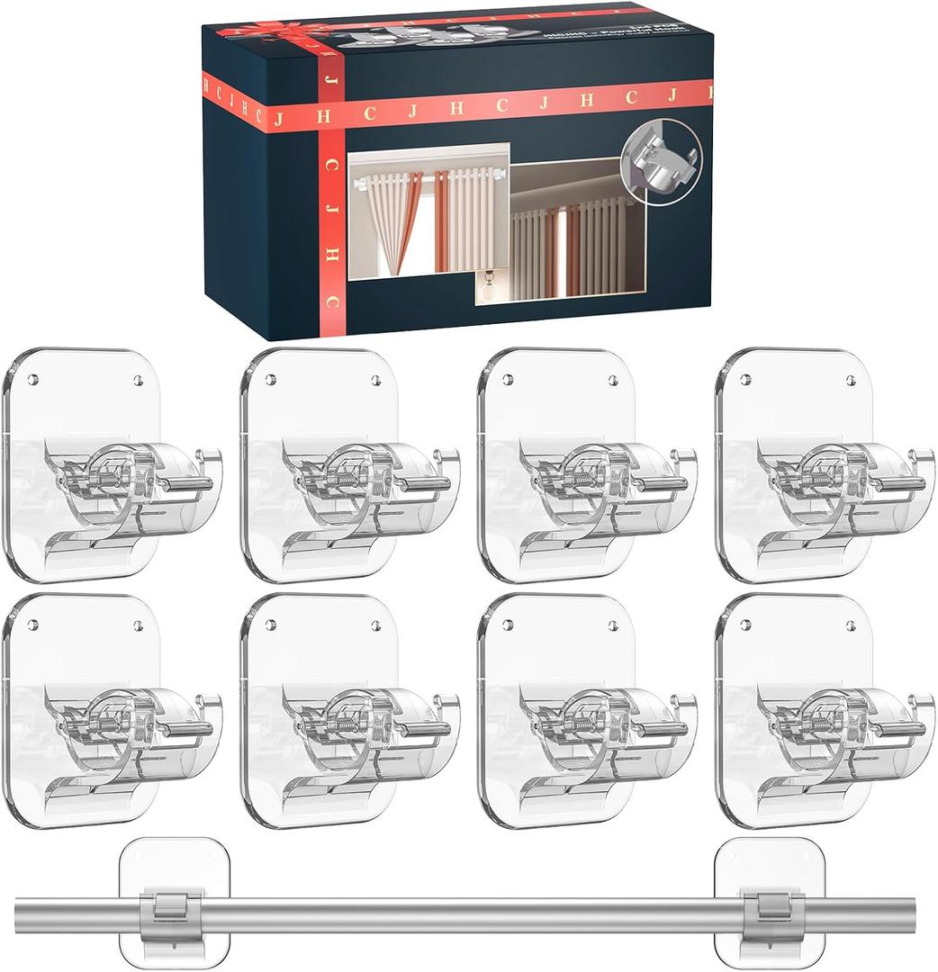 8PCS No Drill Adhesive Curtain Rod Brackets 40LB, Curtain Rods No Drilling Renter Friendly Hooks, No Damage Curtain Holders Apartment Farmhouse Classroom Decor Hanging Drapes Rv Over Blinds Bedroom