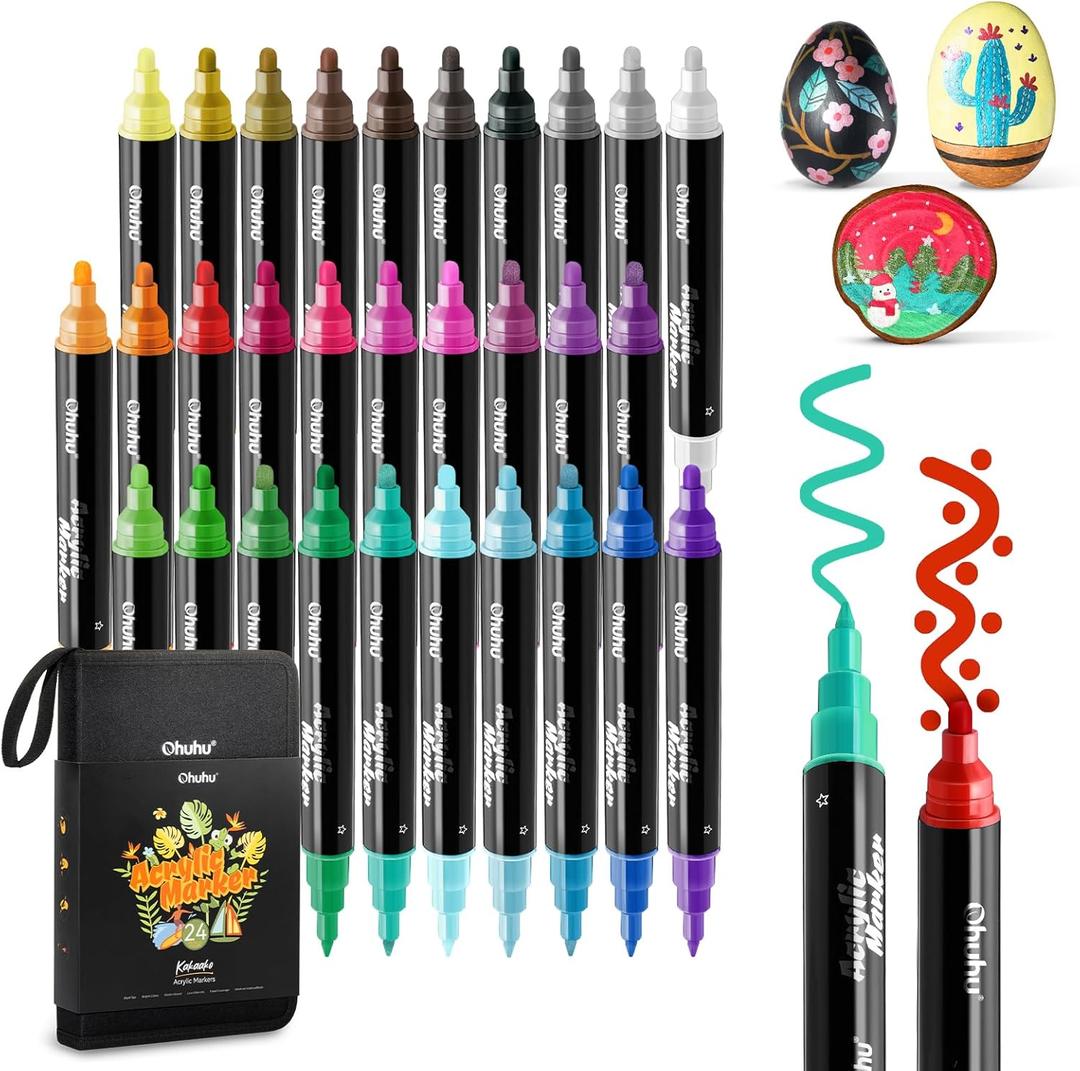 Ohuhu Acrylic Paint Pens 30 Colors: Dual Tips (Round & Fine) Acrylic Markers High Opacity Paint Markers Waterproof Lightfast for Rock Painting Easter Eggs Wood Glass Ceramic Canvas - Kakaako