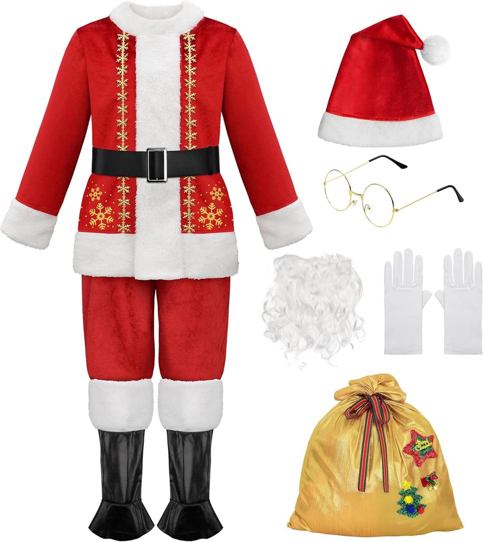 ReliBeauty Kids Santa Costume, 9 PCS Deluxe Toddler Boy Velvet Christmas Outfit for Halloween Cosplay (8-9/140, Red)