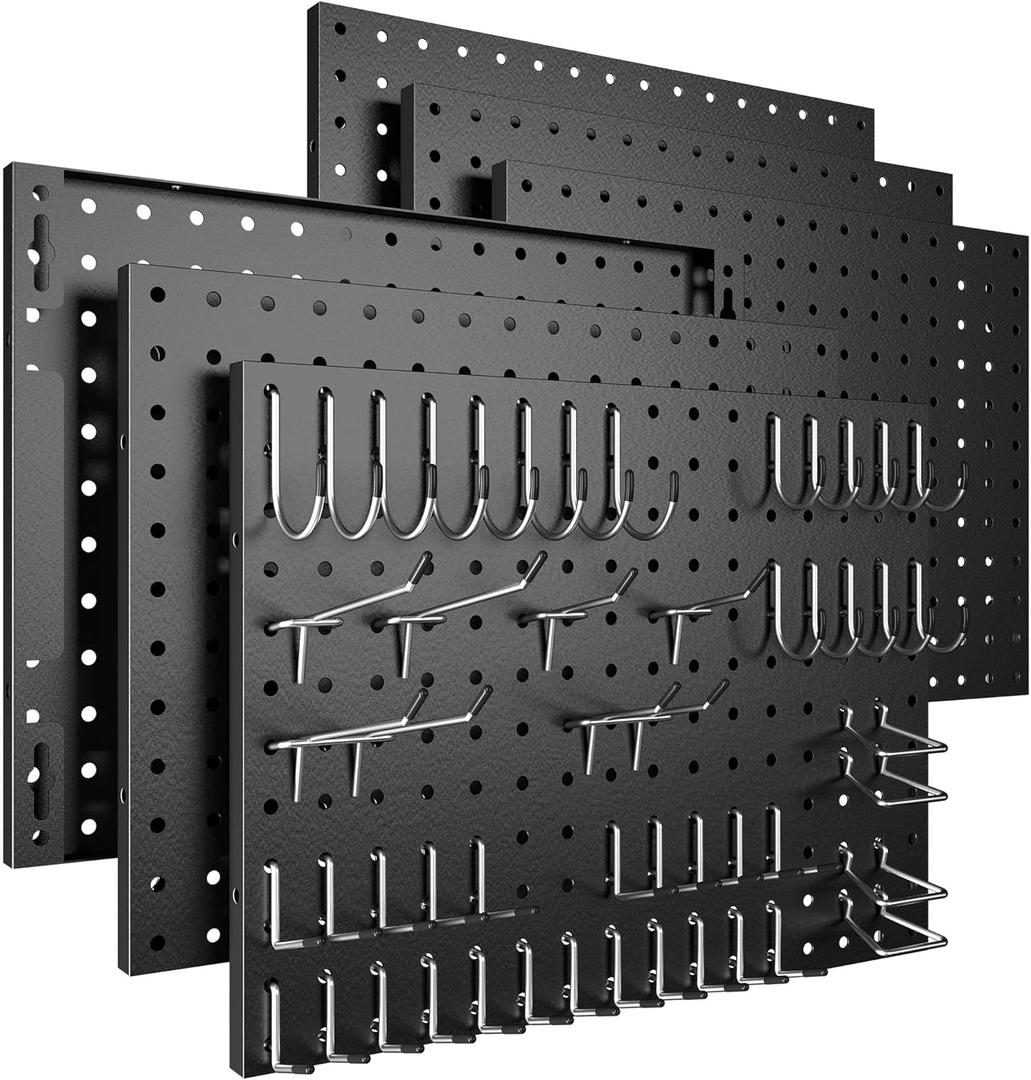 Spampur Peg Board, 6 Pack Metal Pegboard Panels Black Pegboards Wall Organizer with 50 Hooks, Heavy Duty Peg Board for Walls Home, Garage Tool Storage, Office Organization, Craft Room, Kitchen