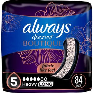 Always Discreet Boutique Adult Incontinence & Postpartum Pads For Women, Size 5, Heavy Absorbency, Regular Length, 28 Count x 3 Packs (84 Count total) (Packaging May Vary)