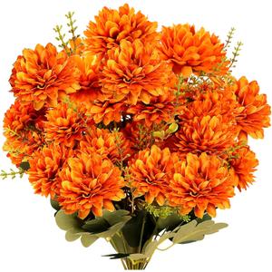 Sggvecsy 2 Bundles 18 Heads Artificial Fall Flowers Faux Mums Fake Silk Orange Chrysanthemums with Greenery Plants Floral Arrangement for Indoor Outdoors Garden Home Wedding Thanksgiving Autumn Decor
