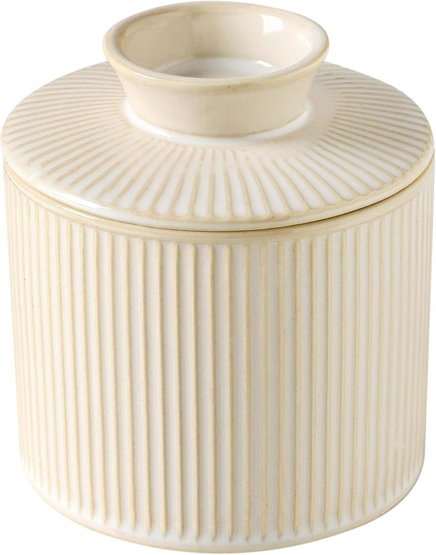 French Butter Dish with Lid for Countertop, Ceramic Butter Crock with Water Line, Butter Keeper Container Holder for Kitchen and Home, Glazed White