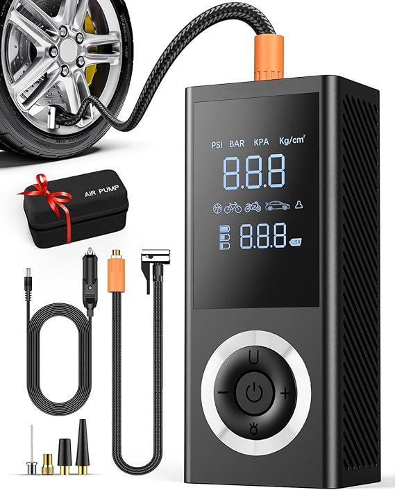 Tire Inflator Portable Air Compressor, 150 PSI Smart Air Pump for Car Tires with Digital Pressure Gauge, LED Light, 12V Car Power Adapter, Storage Box