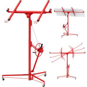 16FT Drywall Lift, Heavy Duty Sheetrock Hoist with Winch - 150 Lbs Adjustable Telescopic Arm, 360 Rotatable Panel Hoist, Locking Casters, Foldable Sheetrock Lifter for Ceiling and Home Improvement (Red)