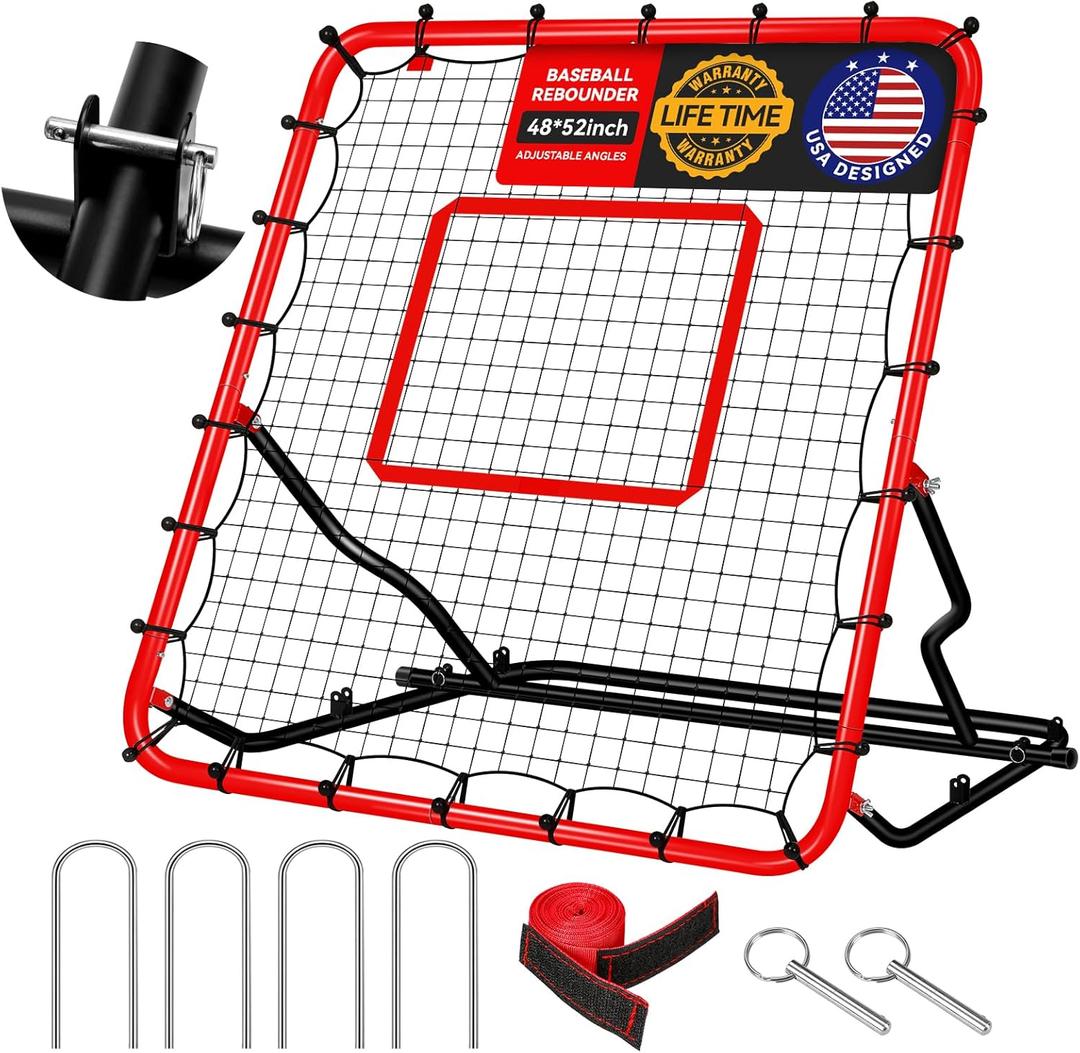 48x52inch Baseball Rebounder Anti-UV 3 Adjustable Angles Fielding Trainer, Volleyball Softball Football Rugby Baseball Bounce Back Net Stable Easy Storage Pitch Back Rebound Net with 4 Stakes (Red)