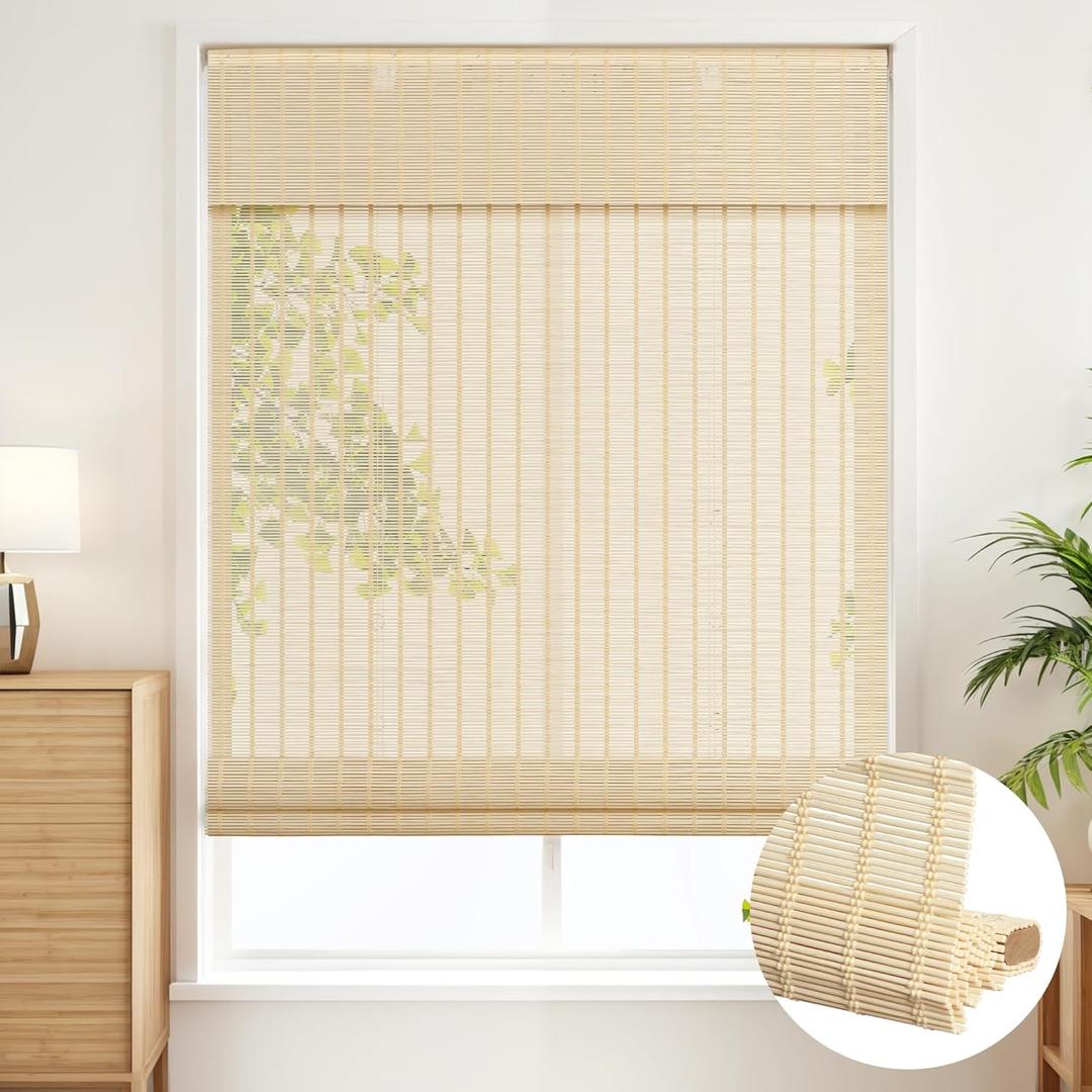SEEYE Cordless Roman Shades - Natural Bamboo Blinds for Indoor Windows, Roll Up Blind Light Filtering Shade for Home, Doors, UV Resistant & Easy to Install, 38" W x 64" H
