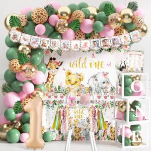Wild One Birthday Decorations for Girls, 114 Pcs Safari Jungle Theme First Birthday Party Supplies with Backdrop, Tablecloth, Balloon Arch Kit, Photo Banner, One High Chair Banner and Cake Toppers (Pink)