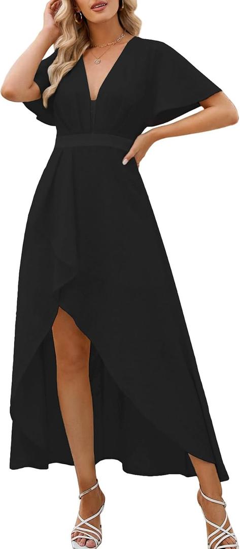 Womens Summer Short Sleeve V Neck Maxi Dress High Low Split Long Flowy Dresses Formal Cocktail Wedding Guest Dresses (XXL)