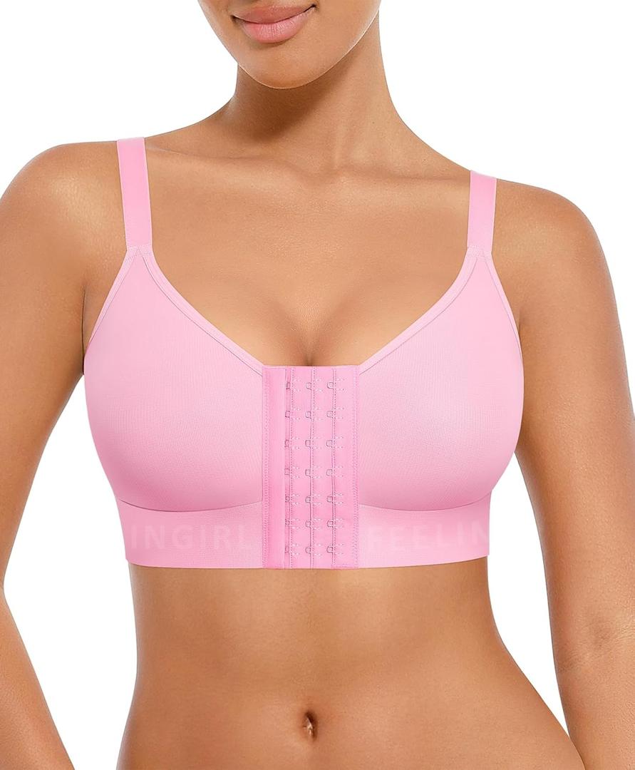 FeelinGirl Post Surgery Bras for Womem Front Closure Mastectomy Bras Surgical Wireless Full Coverage Compression Bra (Small, Fuchsia)