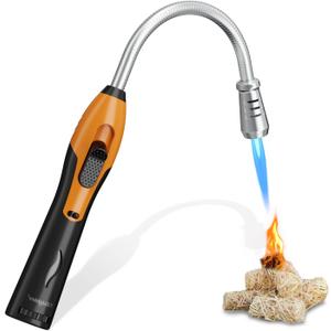 Butane Lighter Torch Long Lighter Refillable Lighter Windproof with Visual Fuel Window Flexible Extra Long Torch Lighter for Fireplace Candles (No Butane Included) (Orange, 1 Pack)