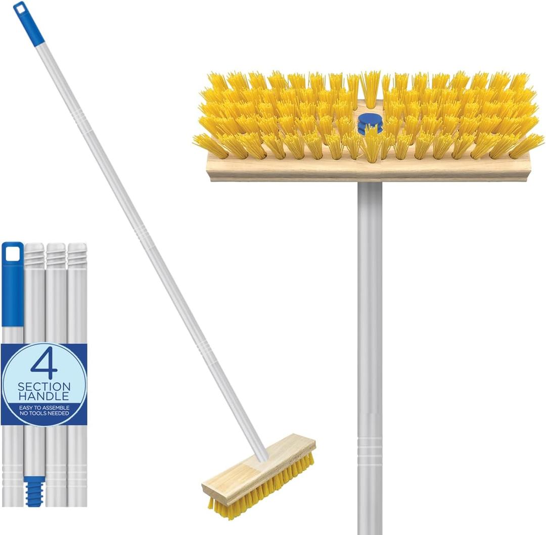 Lola Products Deck Scrub Brush w/ 48" Long Handle & 9" x 3.5" Scrubber, Durable Fiber Scrubber Bristles Remove Dirt, Grime, Grout, Leaves, Snow on Patios, Decks, Asphalt, Cement- Wet or Dry