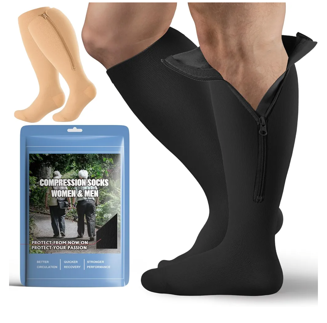 2 Pair Plus Size Closed Toe Compression Socks with Zipper, Compression Stockings for Overweight Women Men 15-20 mmHg
