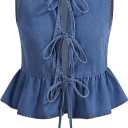 OYOANGLE Women's Plus Size Denim Tie Front Vest Sleeveless Crew Neck Ruffle Hem Jean Jackets (3X-Large Plus, Blue)