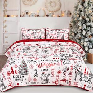 Likiyol 3 Piece Christmas Quilts Queen Size Xmas Tree Reversible Bedding Set Elk Snowman Bedspread Coverlet with 2 Pillow Shams, Microfiber Comforter Set for Christmas Decorations (90'' x 90'')