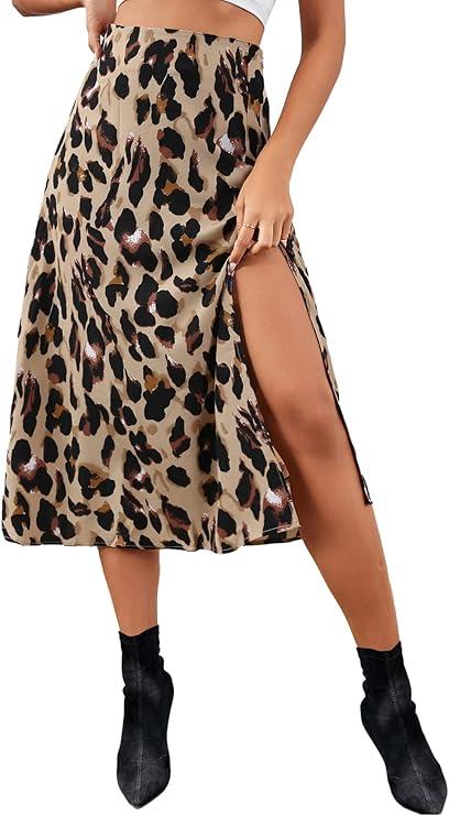 LYANER Women's Casual Boho Printed High Waist Side Split Hem Zipper Midi Skirt (X-Small, Black)
