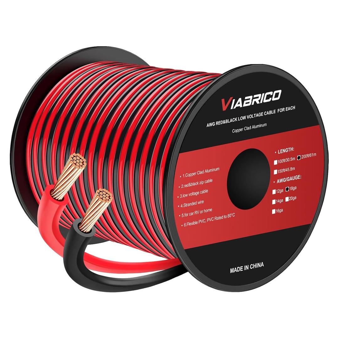VIABRICO 18Gauge 200FT Electrical Wire Cable 2 Conductors Red Black Hookup LED Lighting Strips Flexible Extension Cord 18AWG Copper Clad Aluminum 12V/24V DC 61M