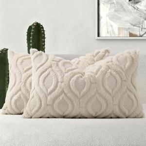 decorUhome Fall Throw Pillow Covers 12x20 Inch Set of 2, Soft Plush Decorative Faux Fur Beige Solid Couch Pillow Covers, Accent Farmhouse Neutral Lumbar Euro Pillow Cases for Sofa Bed Living Room