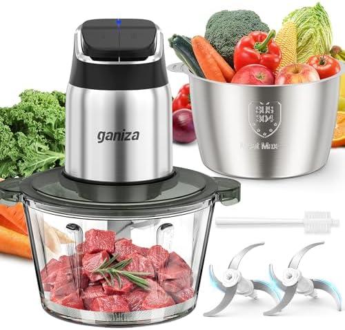 Ganiza Food Processor, 2-Speed Food Chopper Meat Grinder with Cup Stainless Steel & 8 Cup Glass Bowls, Upgraded Button & Smart Overheat Protection Light - Includes Clean Brush, 2 Sets of Blades