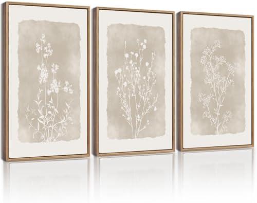 KUVIOKE Boho Botanical Flower Wall Art Framed Vintage Floral Wall Prints Wildflower Neutral Rustic Bohemain Artwork Kitchen Bedroom Decor 11x14in (Natural Framed)